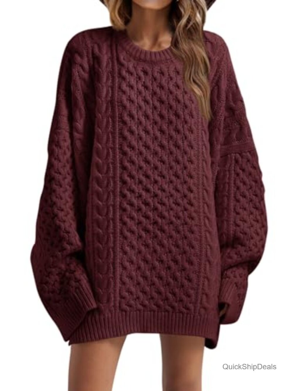 Oversized Chunky Cable Knit Tunic Sweater Crewneck Long Sleeve